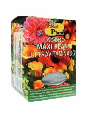 Caja de abono ABONO EN POLVO MAXI PLANT ULTRA-VITAMINADO, con coloridas imágenes de flores e información del producto en español sobre fondo blanco.