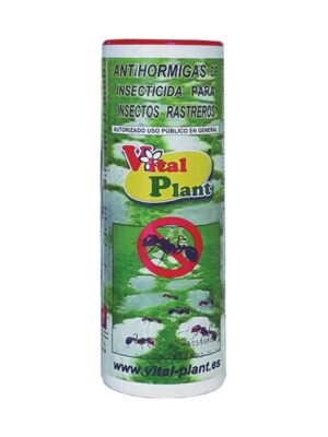 Fotografía de un envase de plástico gris con tapa naranja. En la etiqueta se lee el logotipo “Vital Plant” dentro de un óvalo amarillo, sobre un fondo marrón con textura de tierra y una tabla de madera con el texto “Huerta ecológica”. Debajo, en letras grandes blancas con borde rojo, aparece “Aminoácidos”. En la parte inferior, sobre una franja con verduras de huerta, el texto “Estimula el crecimiento de la raíz y aumenta la floración”.