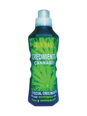 Frasco azul de plástico de de 750 ml con etiqueta en la que puede leerse "GROW MAGIC CRECIMIENTO CANNABIS, ESPECIAL CRECIMIENTO, Abono ecológico con algas y aminoácidos", con la foto de hojas de cannabis de fondo.