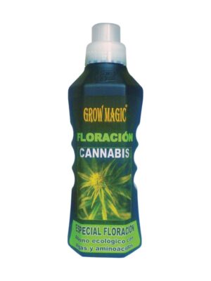 Frasco azul de plástico de de 750 ml con etiqueta en la que puede leerse "GROW MAGIC CRECIMIENTO CANNABIS, ESPECIAL CRECIMIENTO, Abono ecológico con algas y aminoácidos", con la foto de hojas de cannabis de fondo.