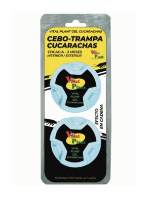 Dos trampas cebo redondas azules para cucarachas en envase de plástico con la etiqueta "CEBO - TRAMPAS CUCARACHAS" con el logotipo de VITAL PLANT. El texto en español señala el control de cucarachas en interiores y exteriores, la eficacia durante tres meses y el efecto de reacción en cadena.