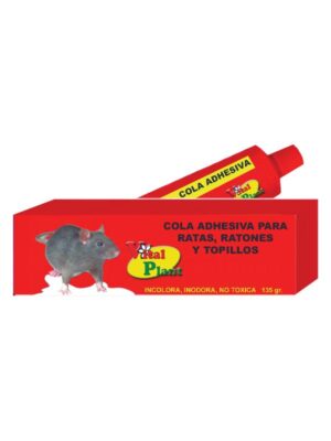 Un tubo y Una caja roja con la etiqueta COLA ADHESIVA PRA RATAS, RATONES Y TOPILLOS, con la imagen de una rata y el logo de Vital Plant. El producto se describe como incoloro, inodoro y no tóxico.