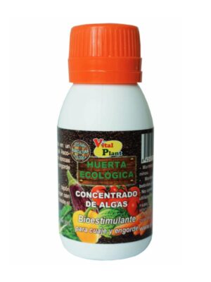 Una botella de plástico blanco con tapón naranja etiquetada "HUERTA ECOLÓGICA- CONCENTRADO DE ALGAS, Bioestimulante para cuaje y engorde", que presenta verduras y promociona sus beneficios para la jardinería ecológica 100% natural.