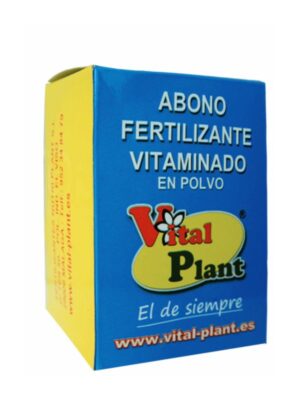 Fotografía de una caja azul. En la etiqueta frontal aparece el logo de Vital Plant, el texto: “abono fertilizante vitaminado en polvo”, “el de siempre” y “www.vital-plant.es”