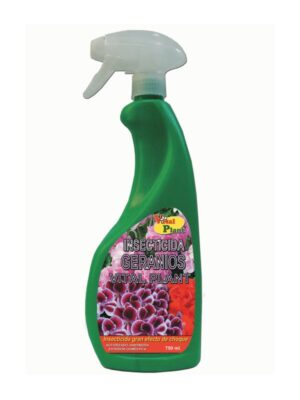 Frasco pulverizador verde con la etiqueta INSECTICIDA GERANIOS VITAL PLANT GRAN EFECTO DE CHOQUE, con imágenes de flores en la etiqueta, tapón pulverizador con gatillo blanco y contiene 750 ml de producto.