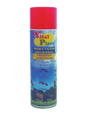 Un spray de INSECTICIDA UNIVERSAL VITAL PLANT con tapón rojo y etiqueta azul que destaca la acción rápida y eficaz contra insectos como mosquitos, hormigas y moscas. El envase muestra las plagas objetivo para facilitar su identificación.