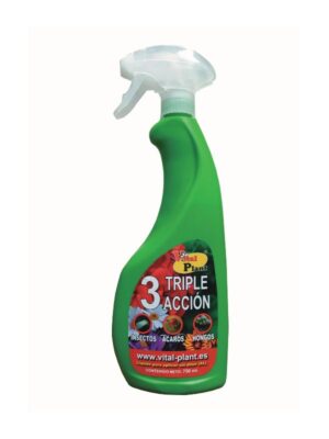 Frasco pulverizador verde con la etiqueta INSECTICIDA - ACARICIDA ACCIÓN TOTAL VITAL PLANT para insectos, ácaros y hongos, con imágenes de plagas en la etiqueta, tapón pulverizador con gatillo blanco y contiene 750 ml de producto.